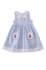 Kids Blue Sailboat Embroidery Dress