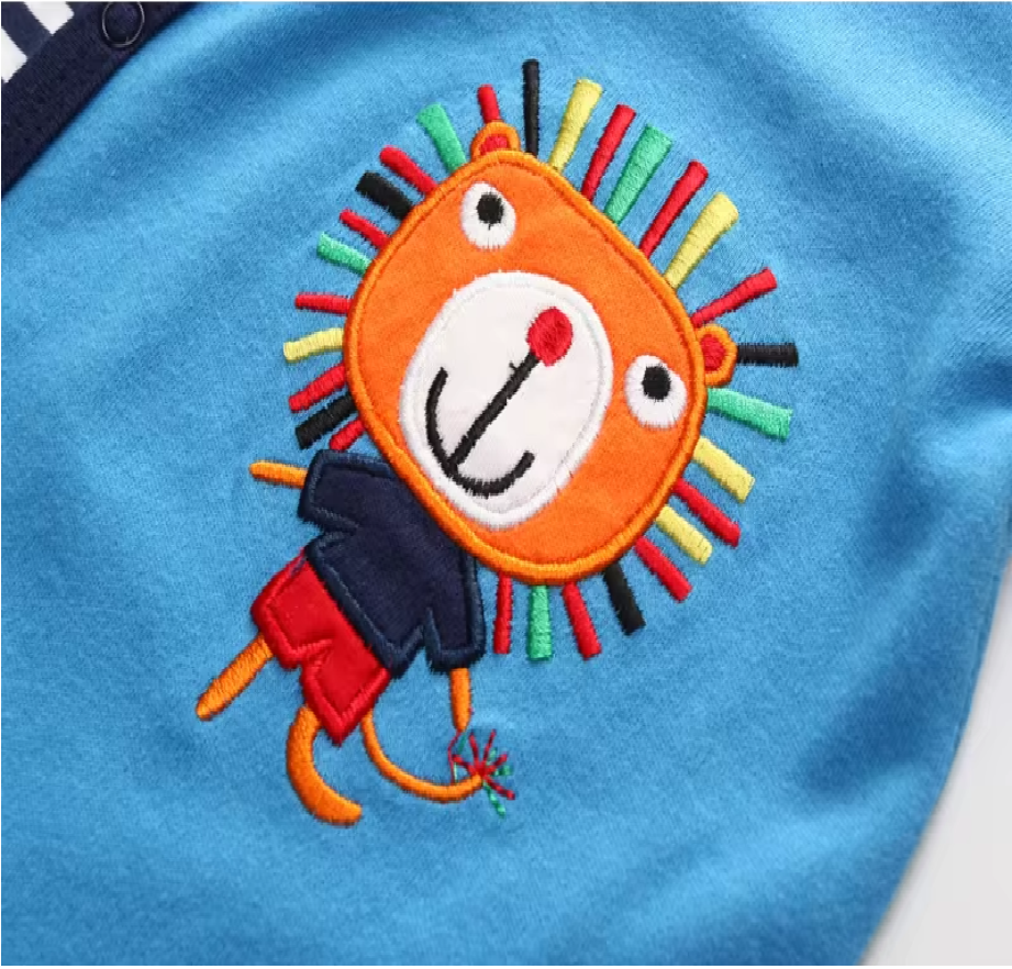 Blue Striped Lion Print Onesie