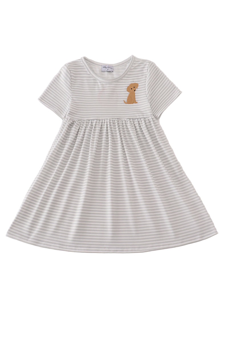 Puppy Embroidery Stripe Dress