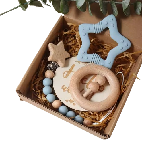 New Born Baby Gift Set Silicone Star Teether Wooden Rattle