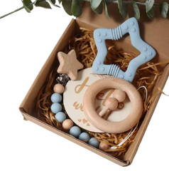 New Born Baby Gift Set Silicone Star Teether Wooden Rattle