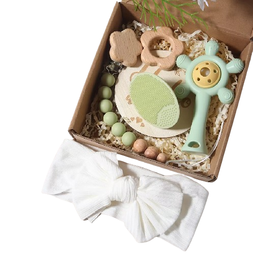 New Born Baby Gift Set Silicone Star Teether Wooden Rattle