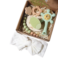 New Born Baby Gift Set Silicone Star Teether Wooden Rattle