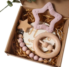 New Born Baby Gift Set Silicone Star Teether Wooden Rattle
